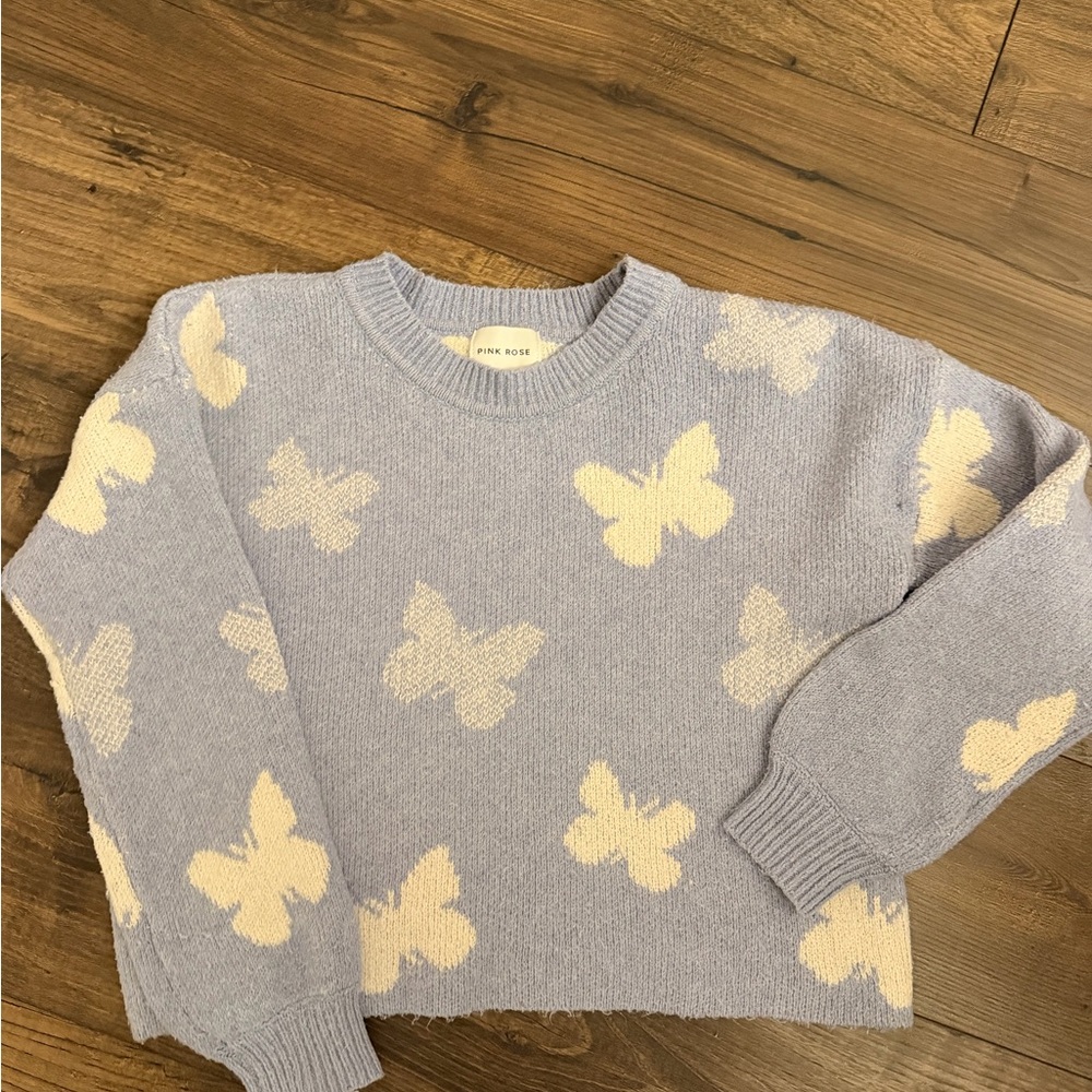 Pink Rose Sweater - Soft Blue with Cream Butterflies